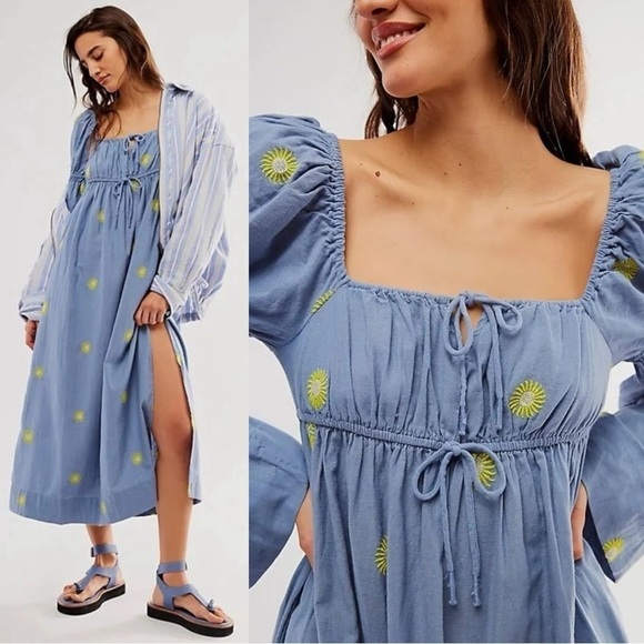 Free People Emory Embroidered Linen Midi Maxi Dress Blue Medium Bohemian Prairie - Picture 1 of 16